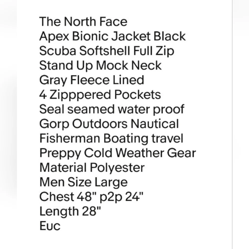 The North Face Apex Bionic Jacket Large Black Scuba Zip Fleece Lined Ski Winter